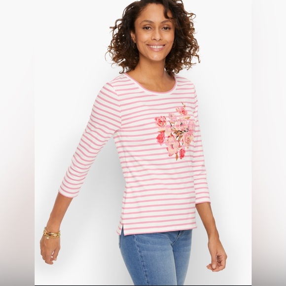Talbots Scoop Neck Tee in Peony Stripe | White & Pink | Women’s XLP - Picture 1 of 10
